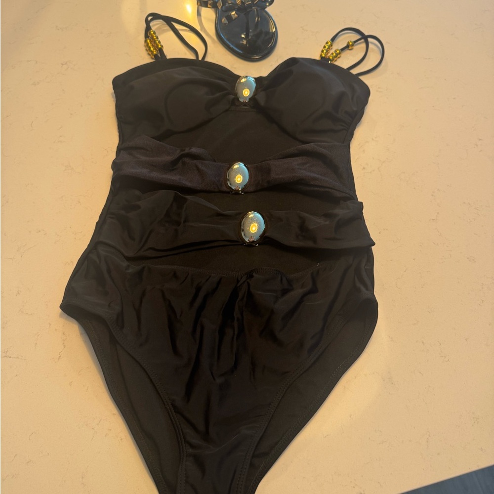 Black One-Piece Swimsuit with Gold Accents and cutouts - Picture 8 of 10